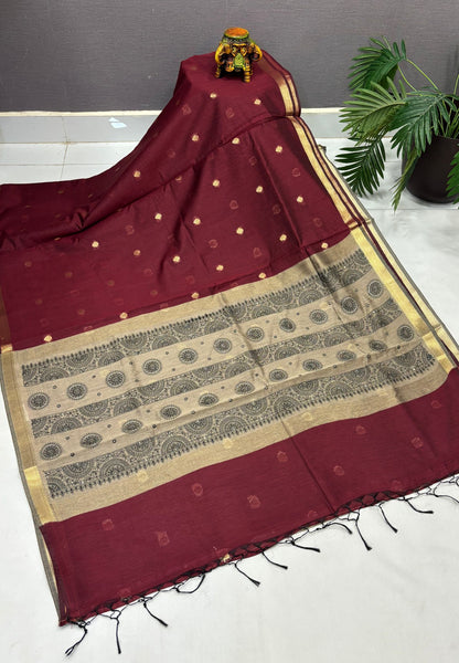 Handloom Cotton Saree-Maroon in Mini Chakra Zari Border