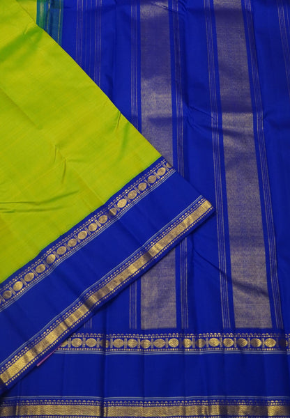 Pure Kanchipuram Silk Saree- Parrot Green with Ink Blue Retapett Border
