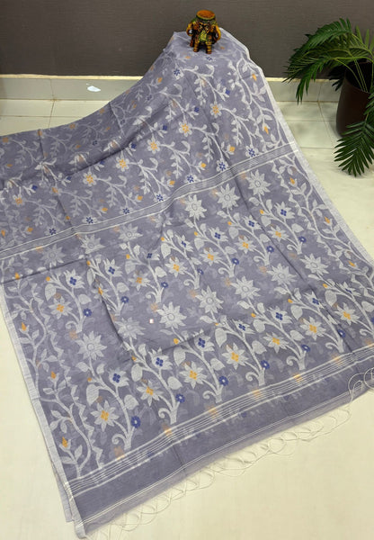 Dhakai Jamdhani Cotton Saree-Greyish In Floral Vine Zari Border