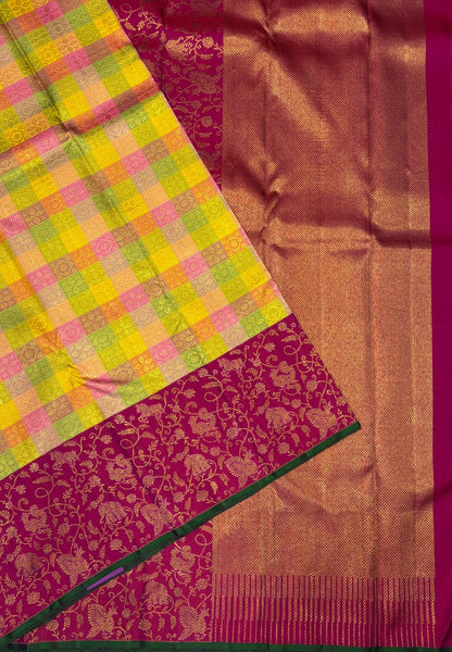 Pure Kanchipuram Silk-Multi Color in Peacock & Elephant Floral Zari Border