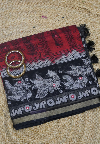 Malai Cotton Saree- Red Mirror Work with Annam border