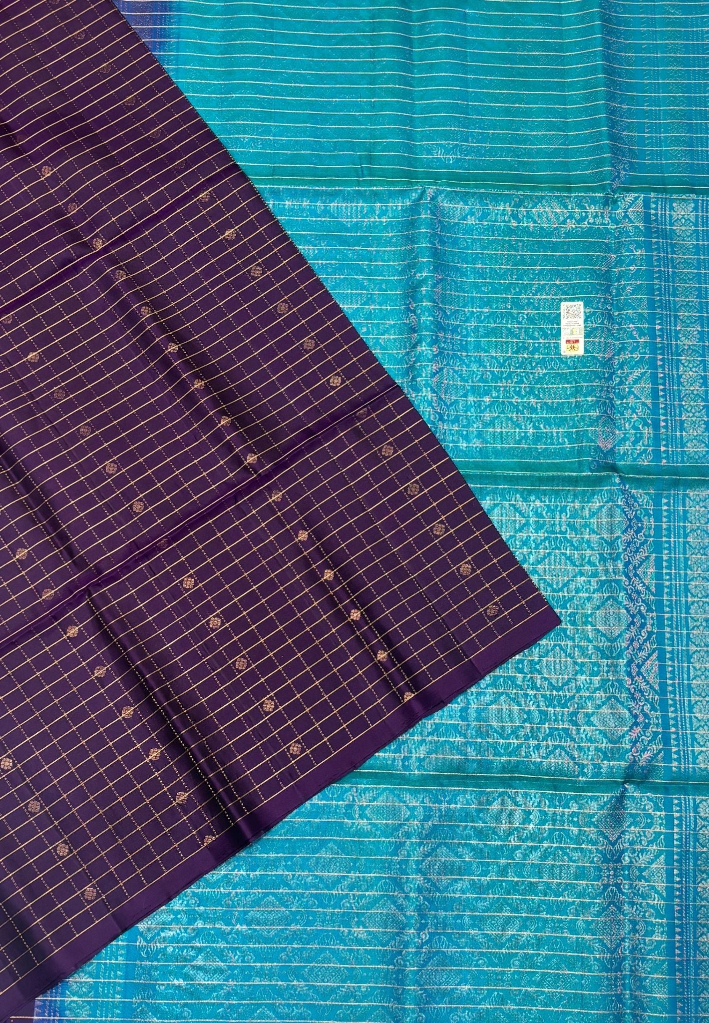Pure Kanchipuram Silk Saree-Wine with Ramar Blue in Zari Checks