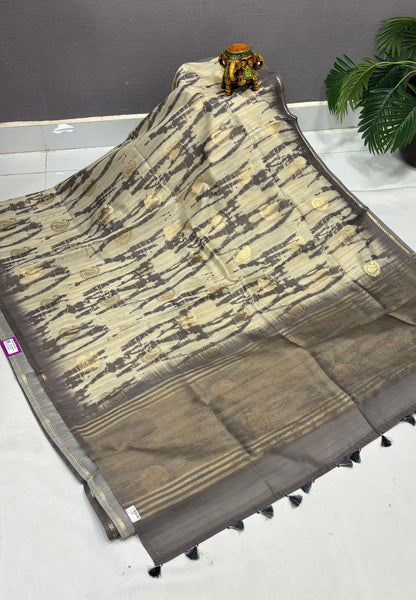 Tussar Saree-Grey in Leheriya Stripe Border