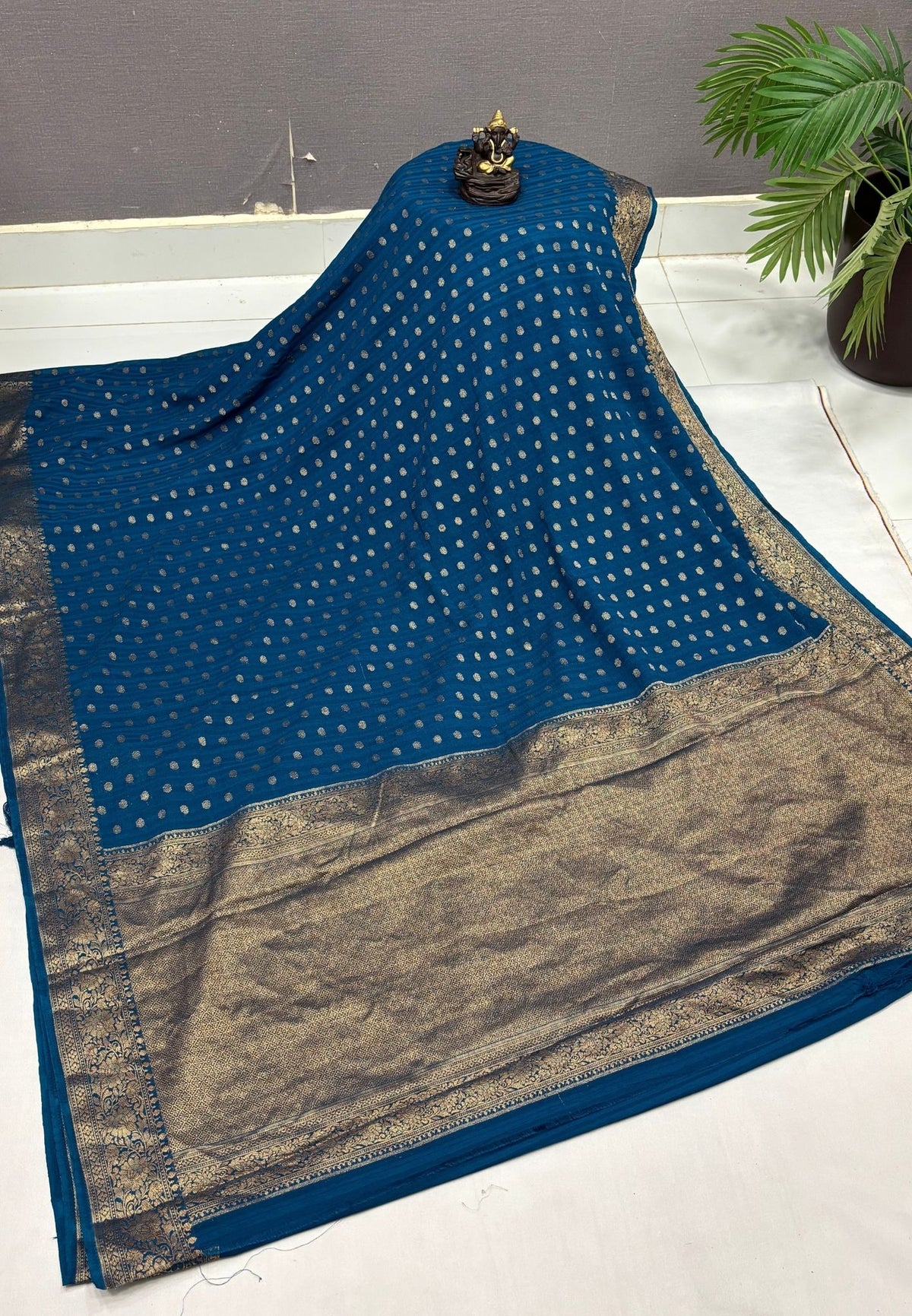 Banarasi Georgette Saree-Peacock Blue with Mini Leaf Butta and Zari Border