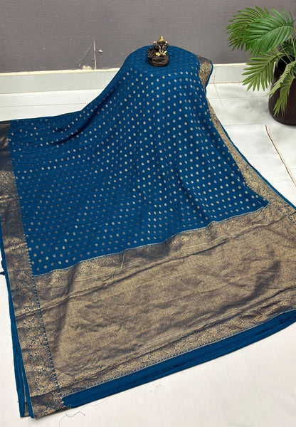 Banarasi Georgette Saree-Peacock Blue with Mini Leaf Butta and Zari Border