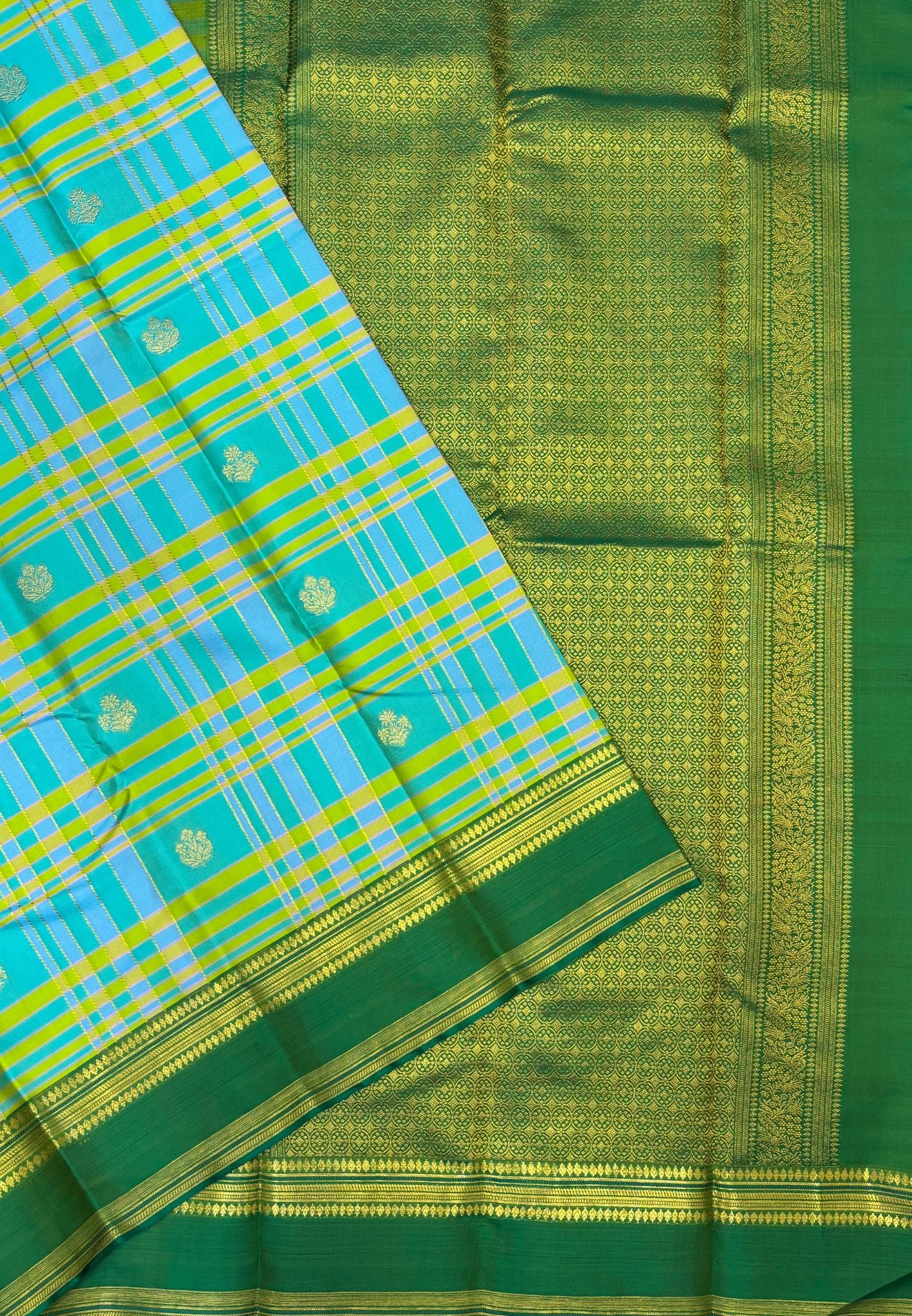 Pure Kanchipuram Silk Saree-Sky Blue in Floral Zari Brocade with Contrast Border