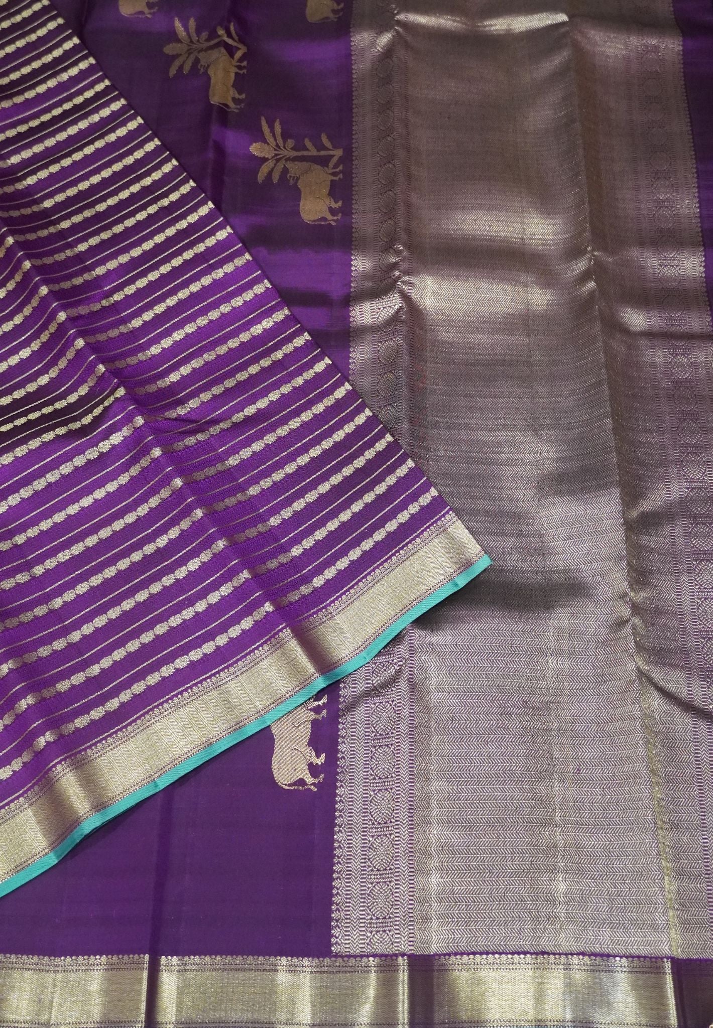Pure Kanchipuram Silk Saree- Wine Small Border with Annam Butta