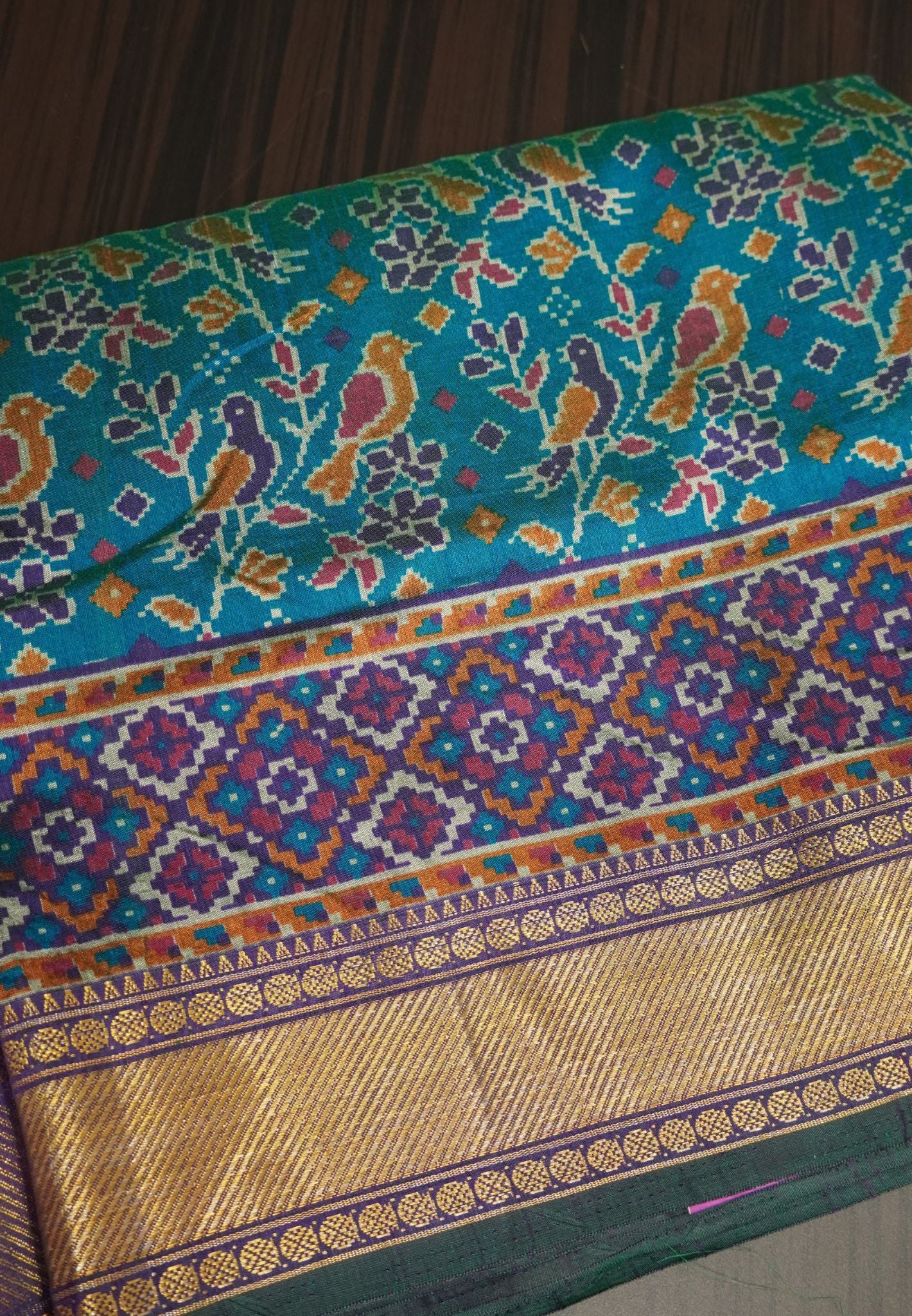 Semi Patola Saree Ikkat Pattern- Peacock Blue