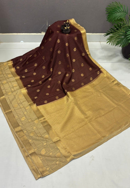 Art Mysore Silk Saree-Brown in Checkered Pattern with Contrast Border