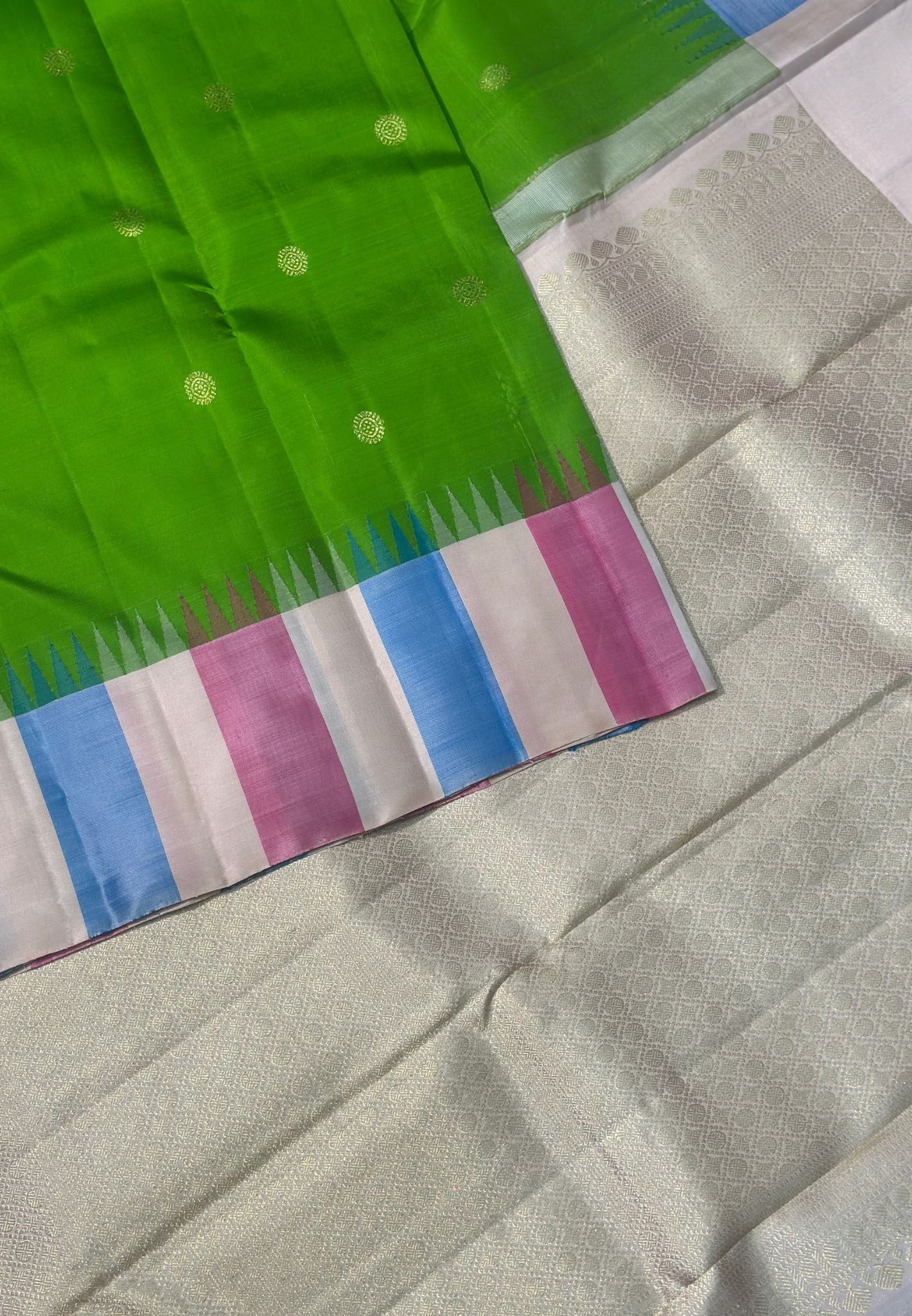 Pure Kanchipuram Silk - Parrot Green with Multi Color Temple Color