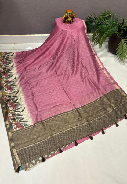 Chanderi Saree-Onion Pink in Elephant Checks Border