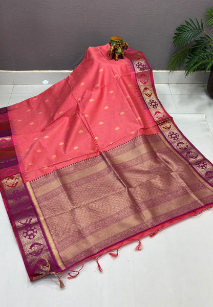 Raw Silk Saree-Redish Peach In Floral Medallion Brocade Border