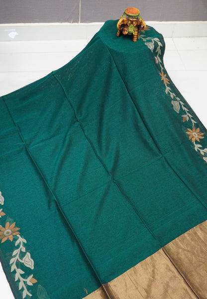 Handloom Cotton Saree-Peacock Green Jamdhani Border