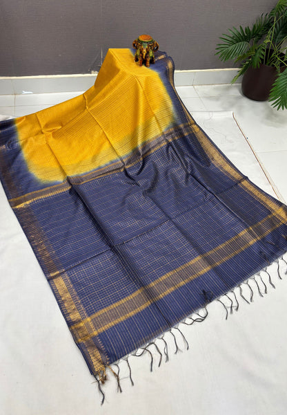 Semi Bhagalpur Tussar Saree-Yellow in Zari checks with Contrast Border