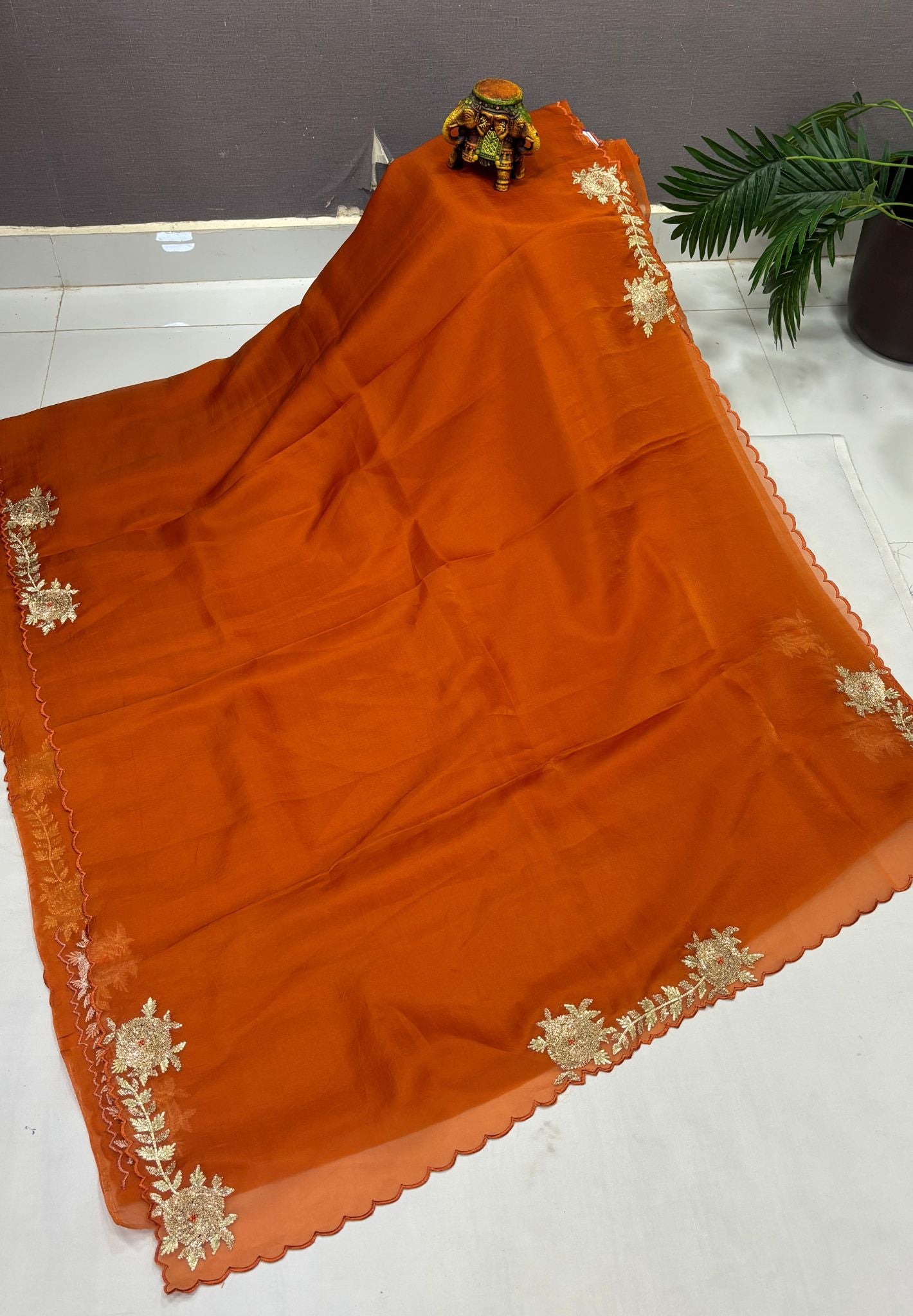 Crush Organza Saree-Burnt Orange In Floral Vine Scallop Border