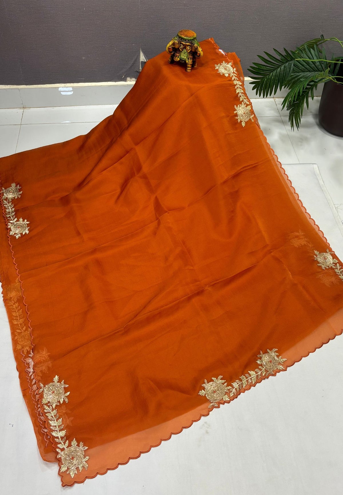Crush Organza Saree-Burnt Orange In Floral Vine Scallop Border