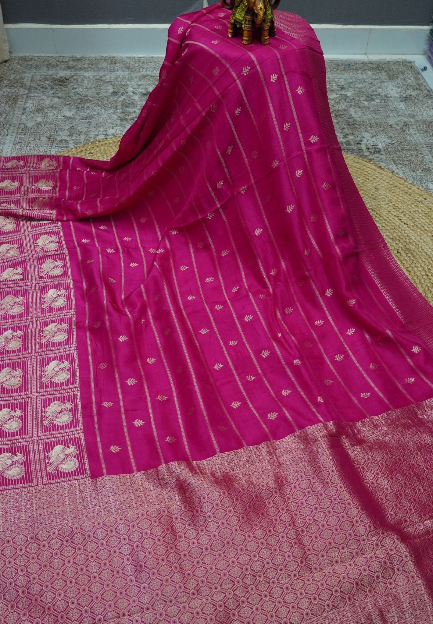 Satin Tussar Saree-Rani Pink with Checked Peacock Border