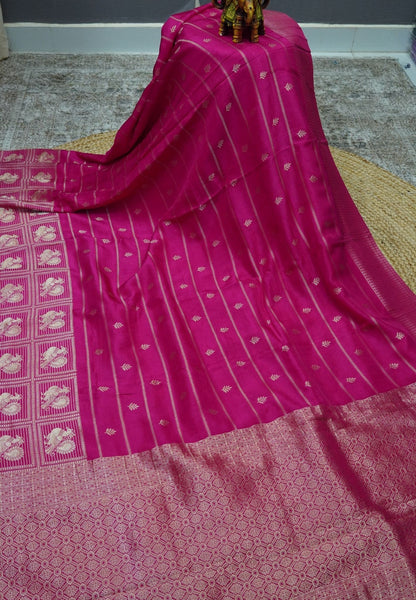 Satin Tussar Saree-Rani Pink with Checked Peacock Border