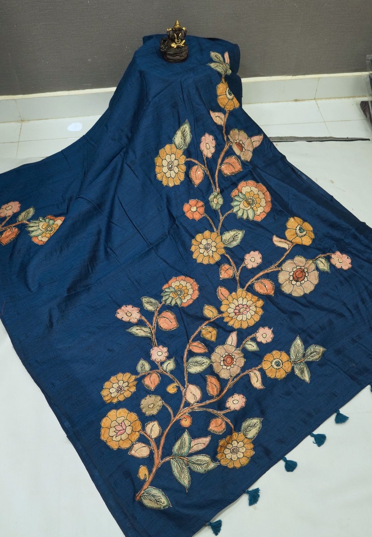 Semi Raw Silk Saree - Navy Blue With Floral Hand-Painted Designs