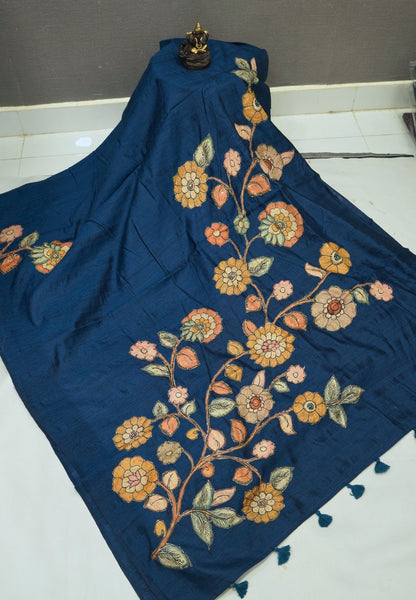 Semi Raw Silk Saree - Navy Blue With Floral Hand-Painted Designs