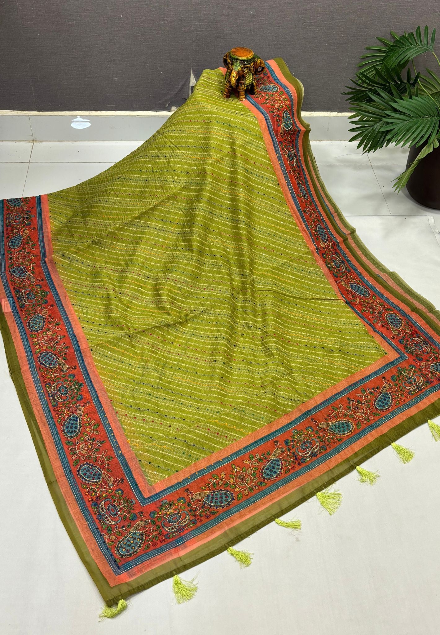 Chanderi Saree-Light Green In Peacock Floral Border