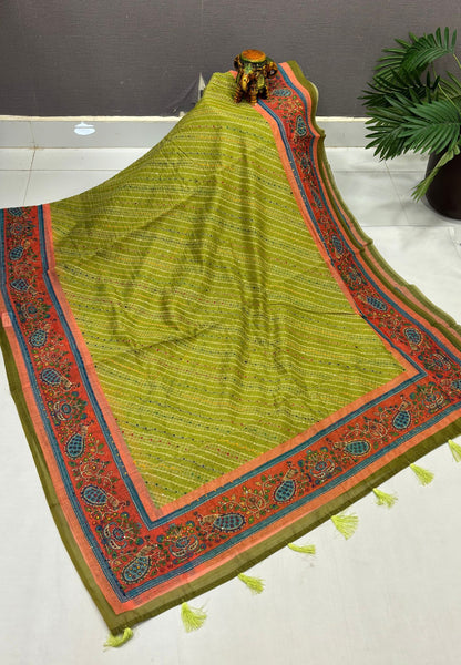 Chanderi Saree-Light Green In Peacock Floral Border