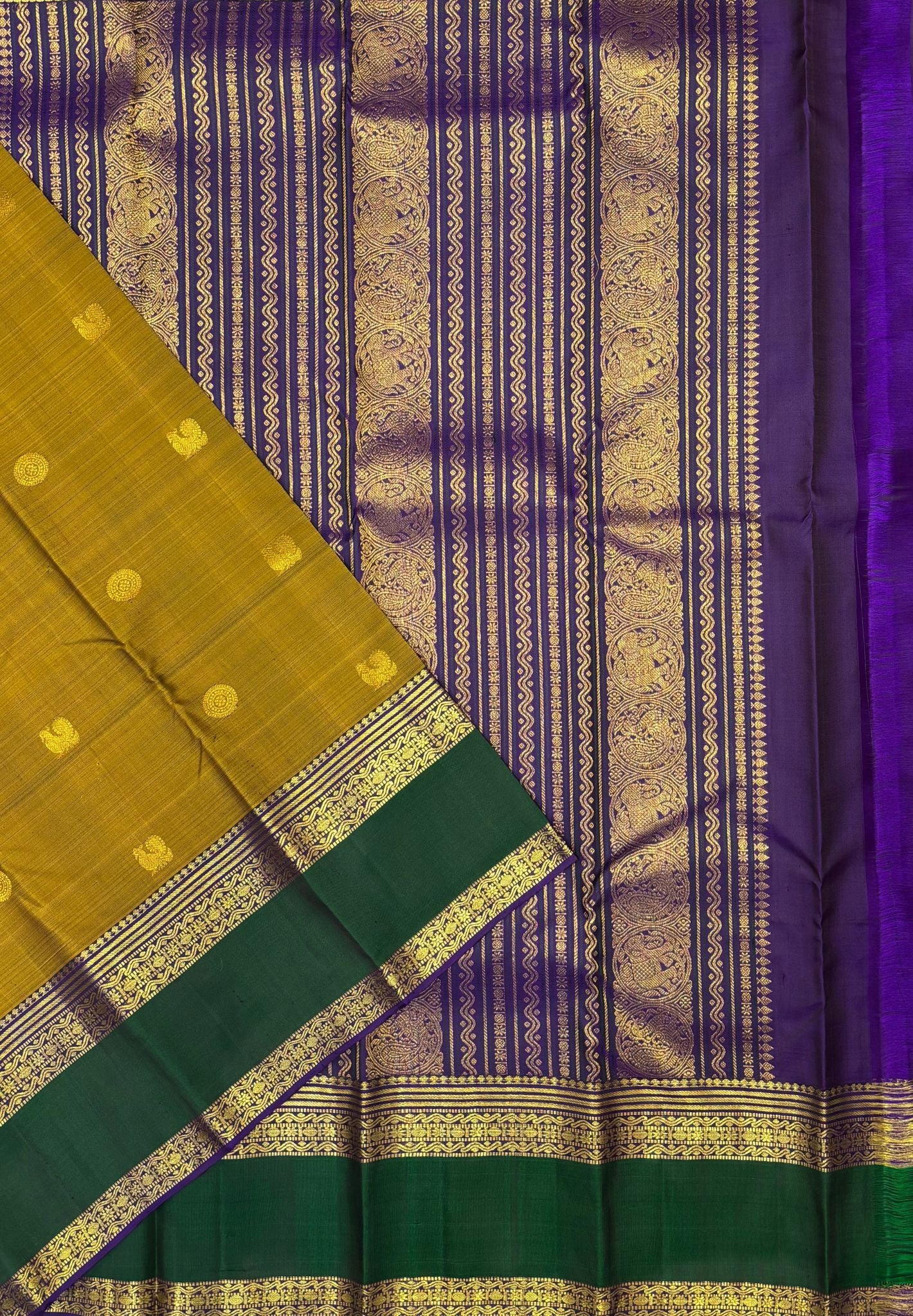 Pure Kanchipuram Silk Saree-Golden Mustard In Vertical Medallion Zari With Contrast Border