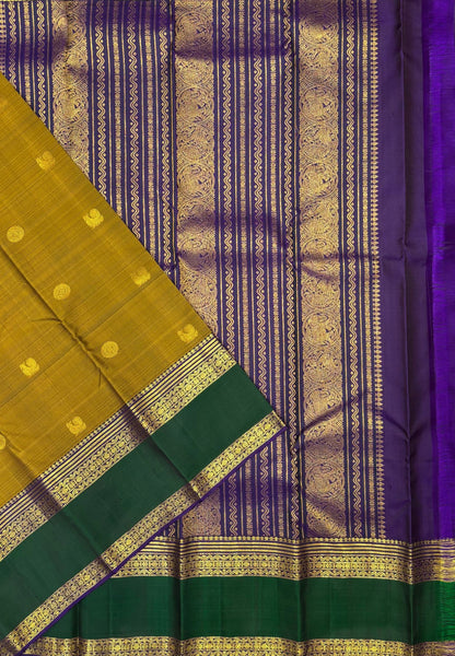 Pure Kanchipuram Silk Saree-Golden Mustard In Vertical Medallion Zari With Contrast Border