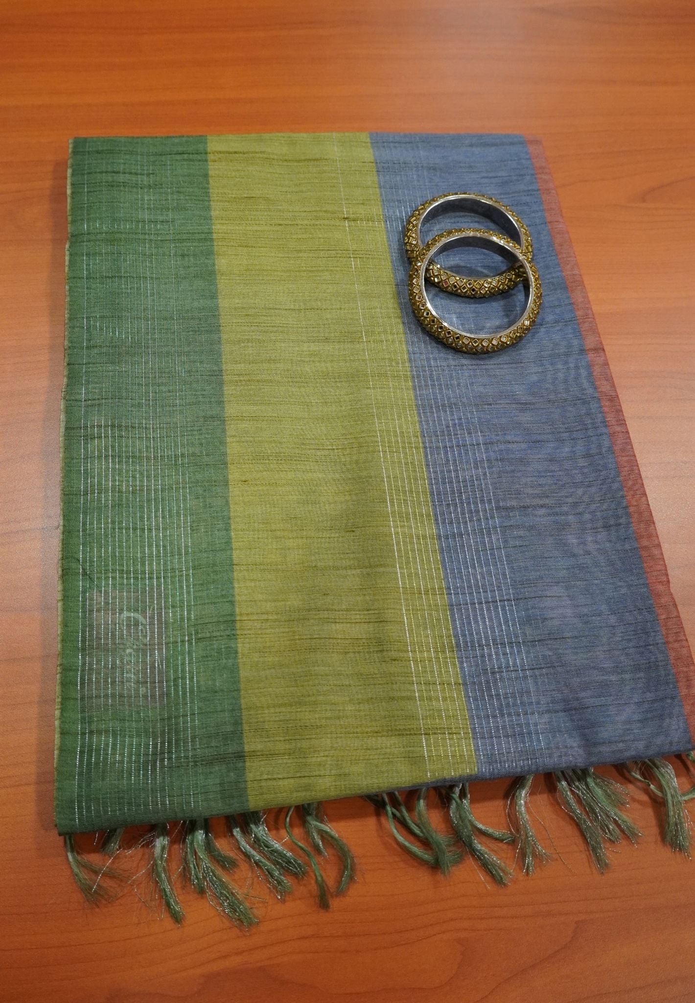 Semi Linen Saree - Multi Shade Green