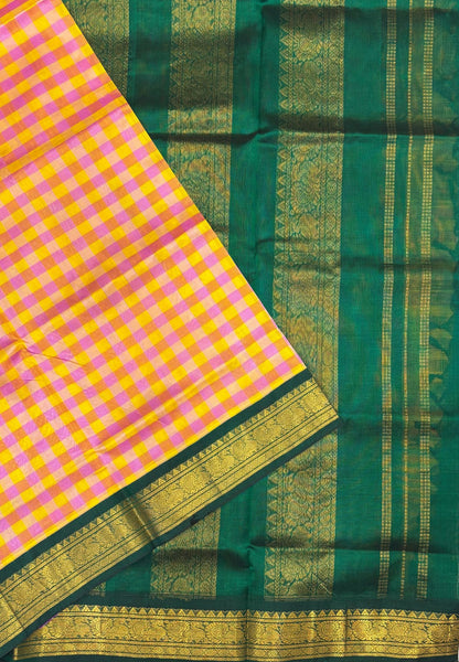 Pure Silk Cotton Saree–Peach in Checked Zari with Contrast Border