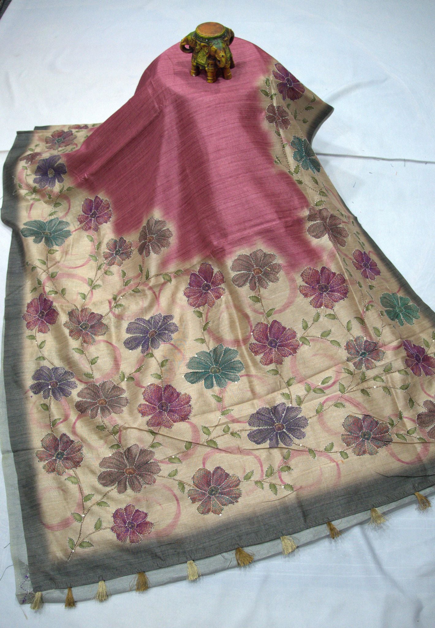 Semi Tussar Saree-Pink with Kantha Work