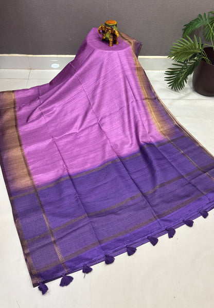 Matka Tussar Saree-Purple in Classic Striped Zari with Contrast Border