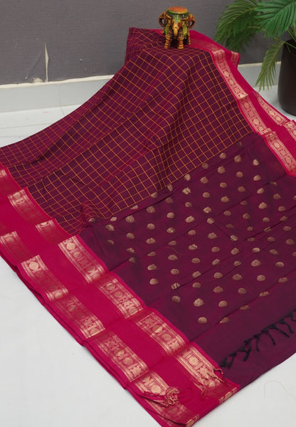 Chettinadu Cotton Saree-Burgundy Wine in Checkered Lines with Retapet Border