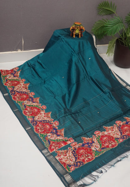 Pure Mangalgiri Silk Saree- Peacock Green with Appliqué Work