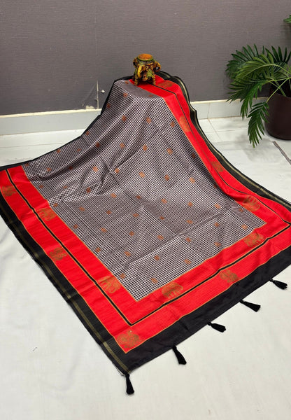 Semi Tussar Saree-Black with Podi Kattam