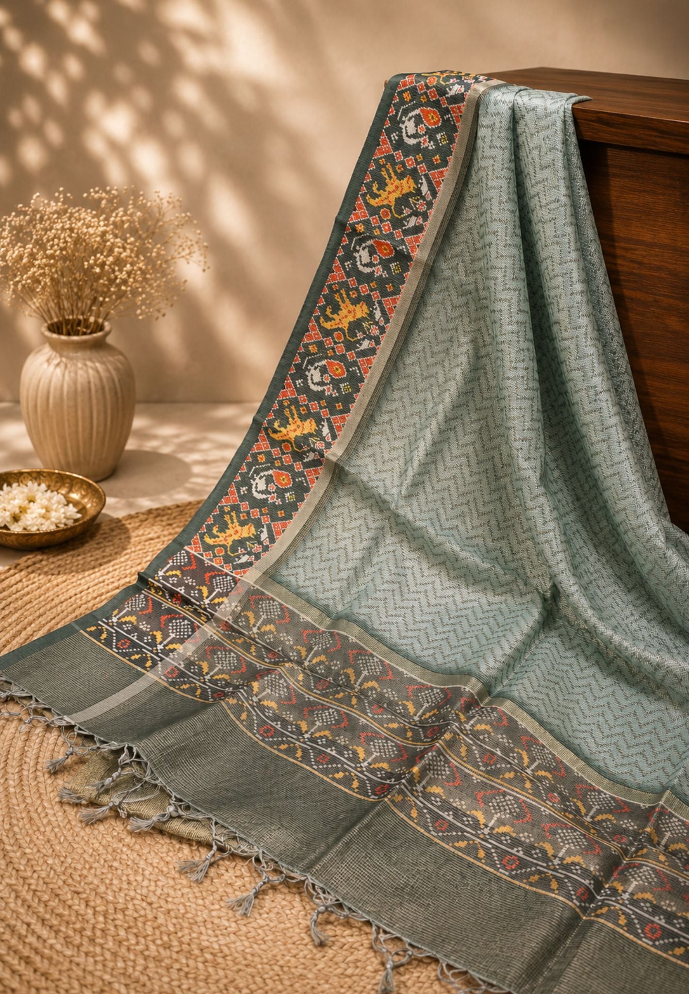 Tissue Saree-Green with Zari Checks