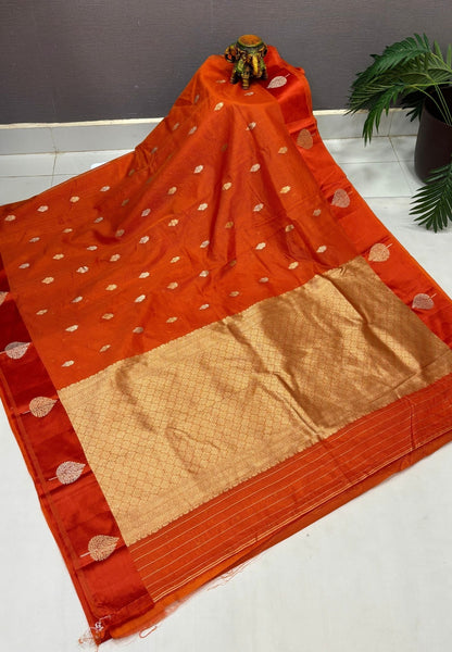 Art Silk Kota Saree-Rust Orange In Geometric Zari Brocade Border