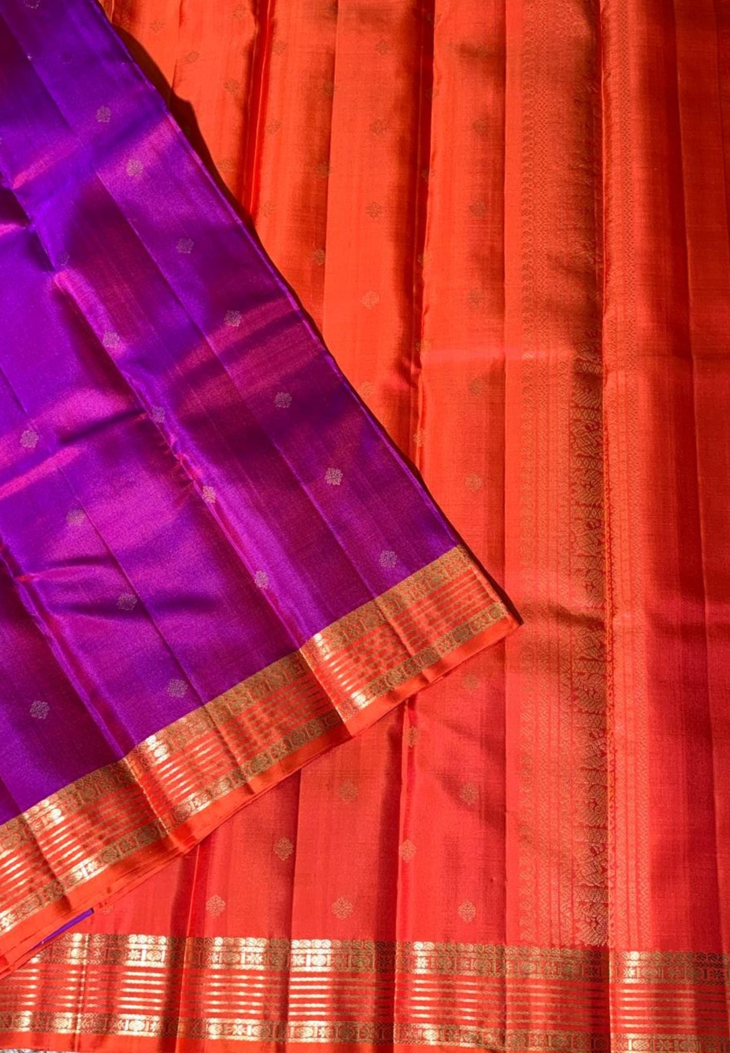 Pure Silk Saree Purple-Orange with Floral Butta