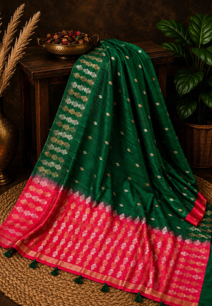 Semi  Tussar Saree - Bottle Green