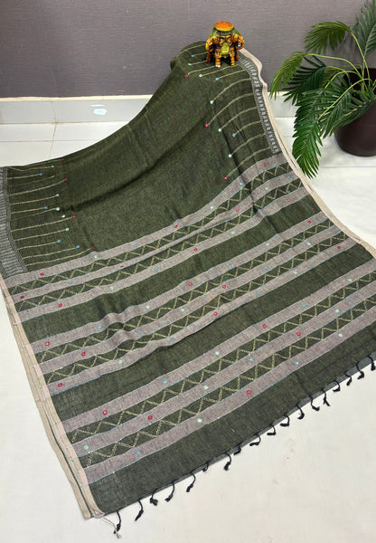 Linen Saree-Sage Green  in Kantha Mirror Work Border