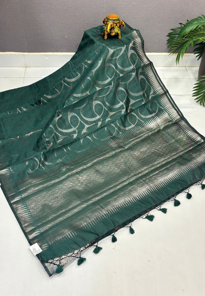 Tissue Silk Saree-Green In Curved Leaf Zari Border