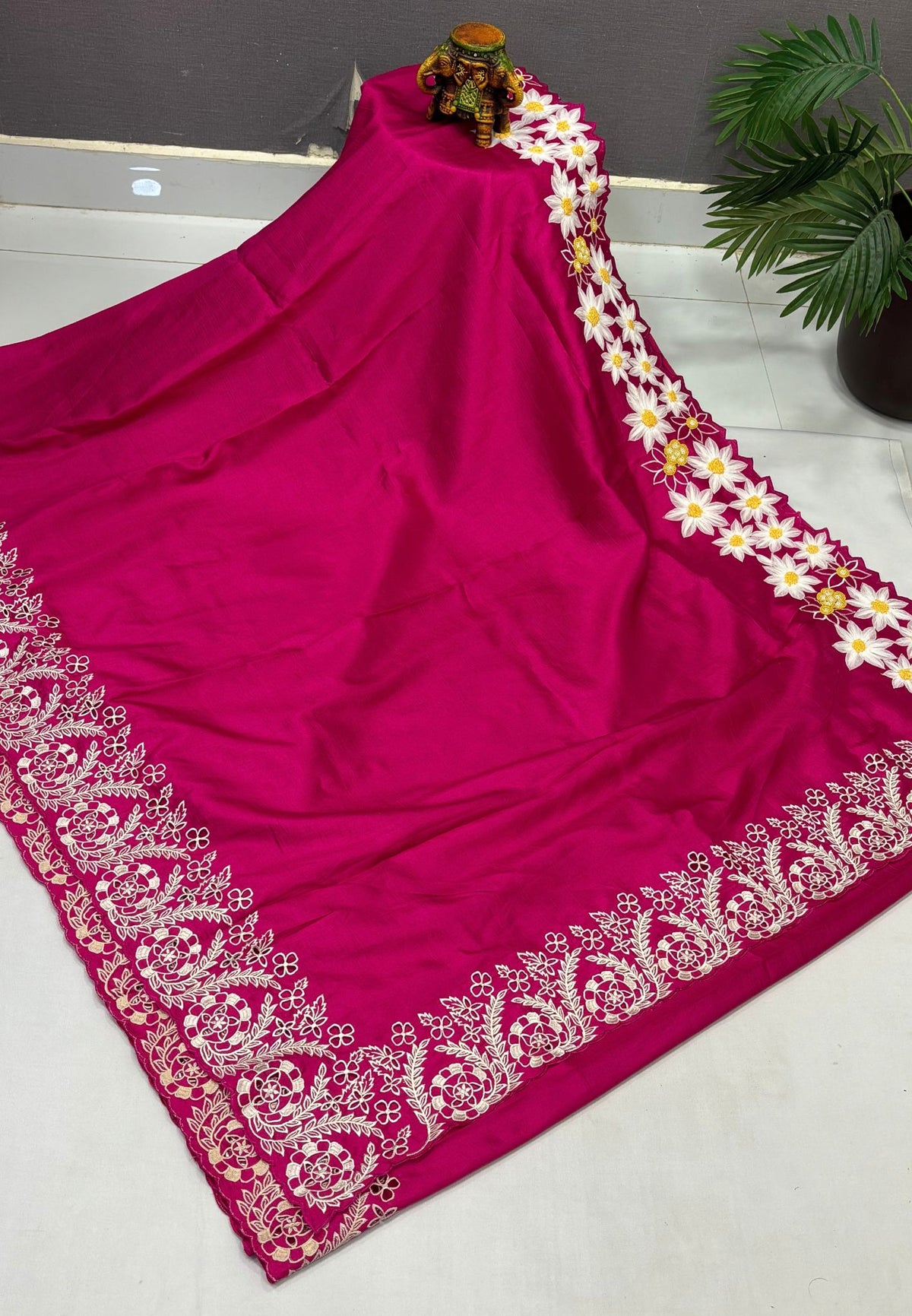Rsian Silk Saree-Rani Pink In Daisy Floral Embroidery Border