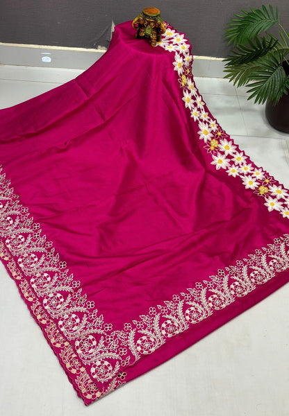Rsian Silk Saree-Rani Pink In Daisy Floral Embroidery Border