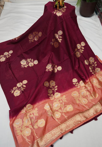 Semi Tussar Saree with Floral Zari Weaving - Maroon