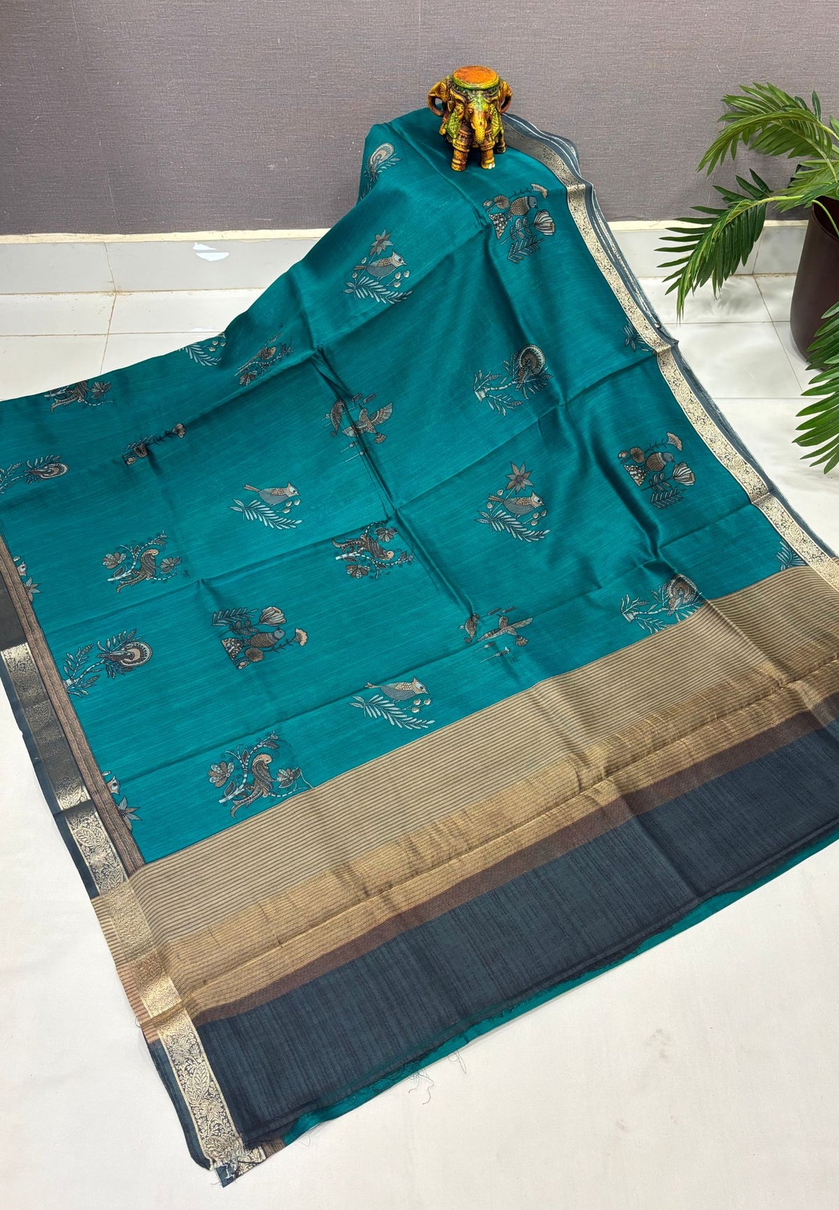 Chanderi Saree-Peacock Green in Traditional Bird Motif Border