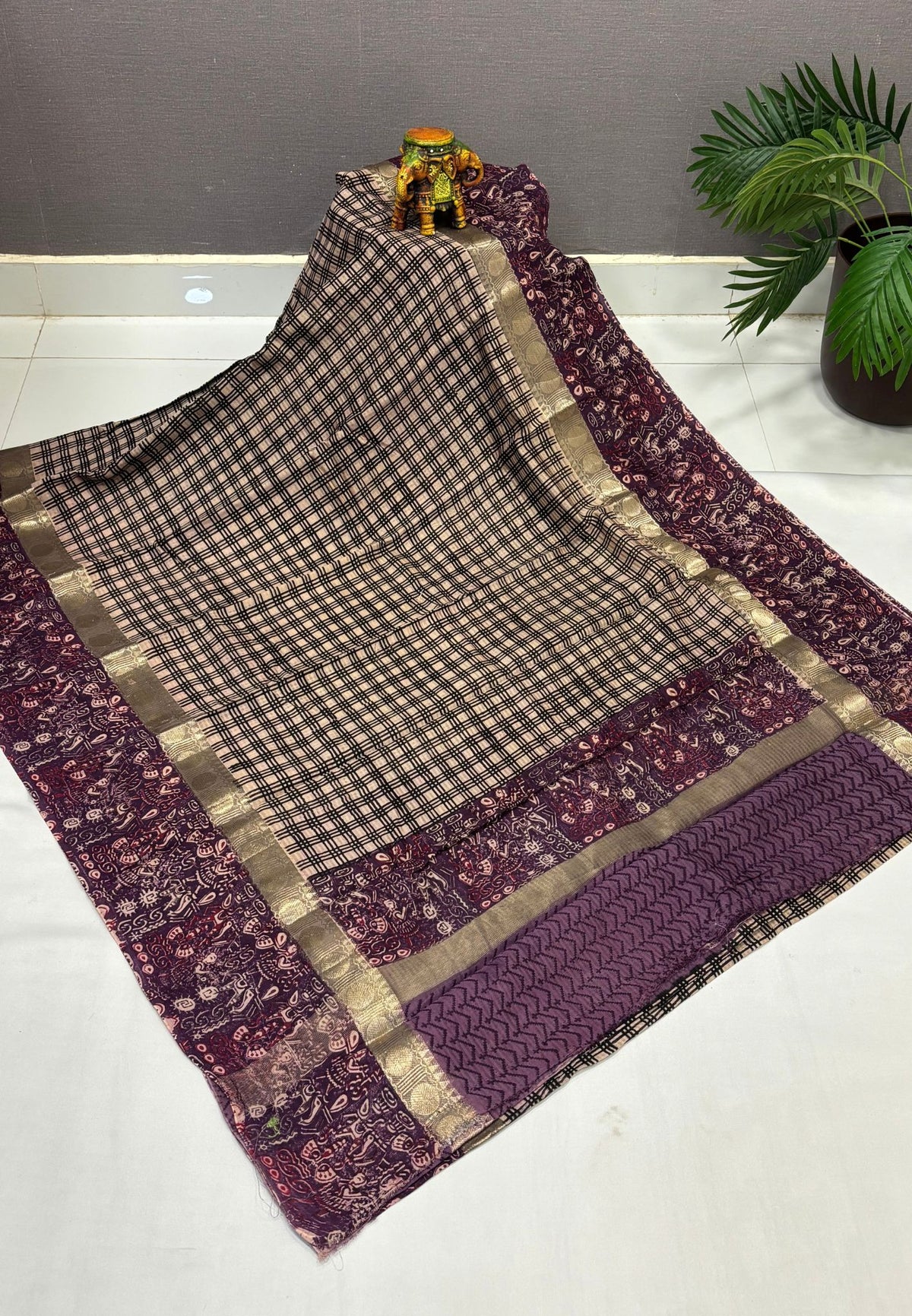 Pure Chanderi Saree-Purple In Linear Zari Border