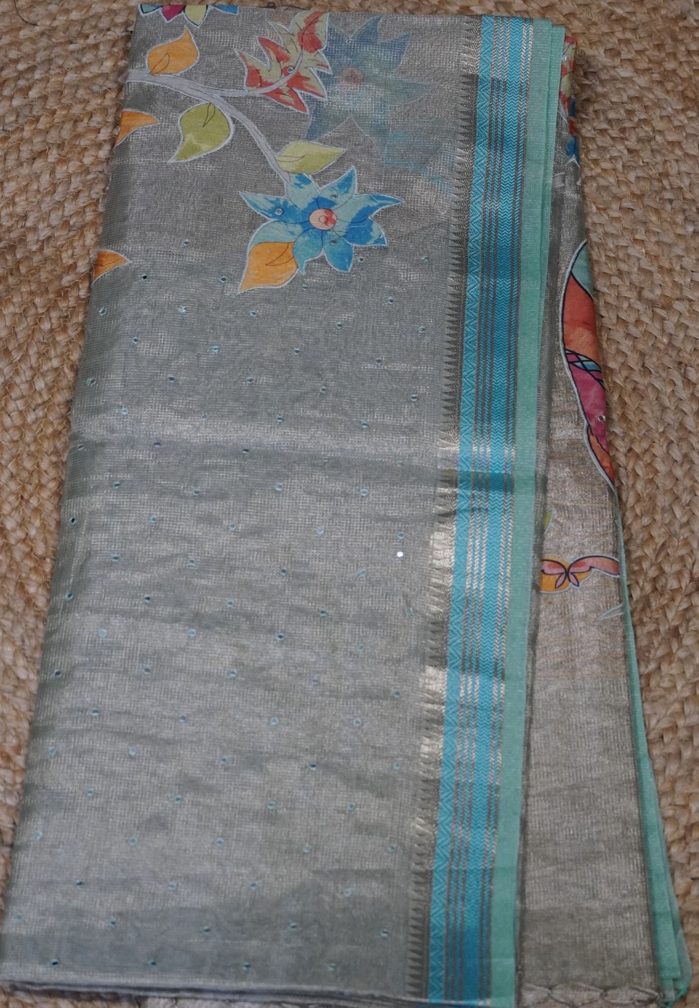 Silk Kota Saree- Blue With Mirror and Applique Work in Pallu