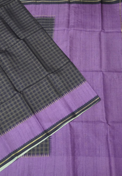 Semi Matka Tussar Saree-Dark Purple with Contrast Border and Zari Checks