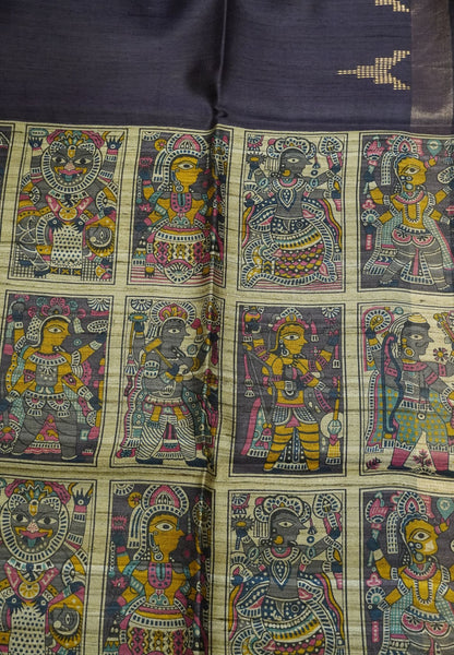 Jute Tussar Silk - Temple Border Dark Purple