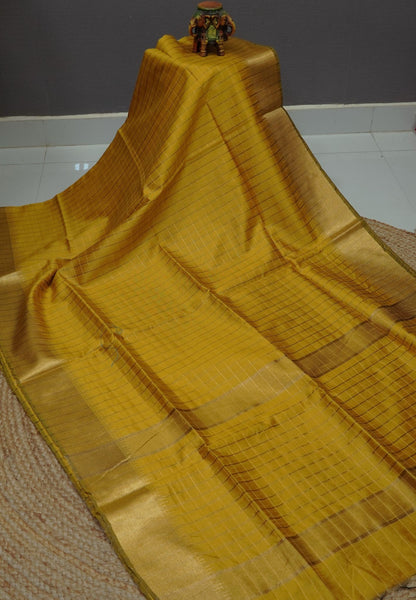 Semi Raw Silk Saree-Yellow in Checked Zari